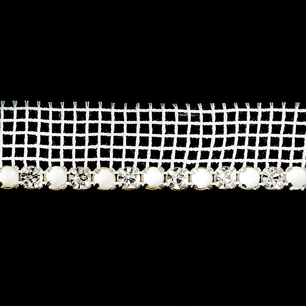Vintage Crystal, Silver and Frosted Glass 1 Row Circular Rhinestones on White Mesh Trimming - 0.625" Detail