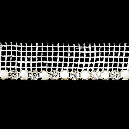 Vintage Crystal, Silver and Frosted Glass 1 Row Circular Rhinestones on White Mesh Trimming - 0.625" Detail