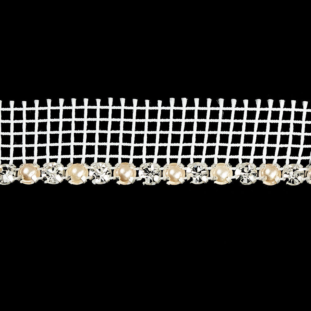 Vintage Crystal, Silver and Faux Pearl 1 Row Circular Rhinestones on White Mesh Trimming - 0.75" Detail