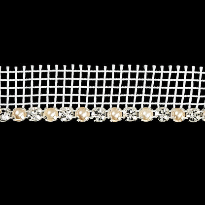 Vintage Crystal, Silver and Faux Pearl 1 Row Circular Rhinestones on White Mesh Trimming - 0.75" Detail