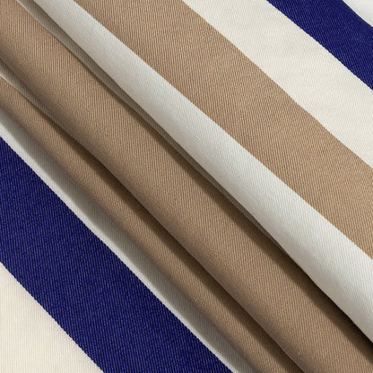 Gilded Beige, Deep Ultramarine and Off-White Awning Striped Stretch Twill Folded