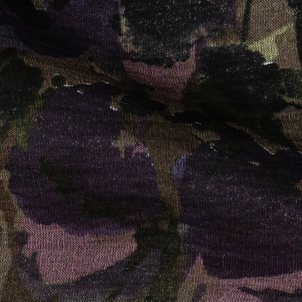 Italian Shimmering Purple and Gray Floral Vegan Crinkled Woven Full
