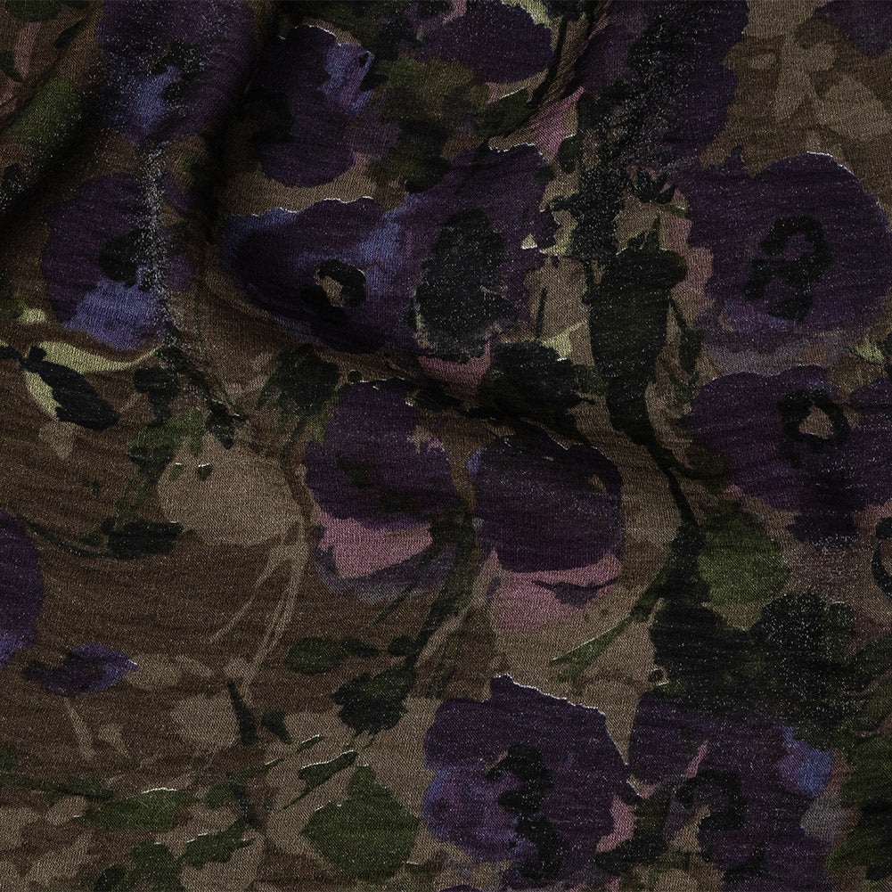 Italian Shimmering Purple and Gray Floral Vegan Crinkled Woven