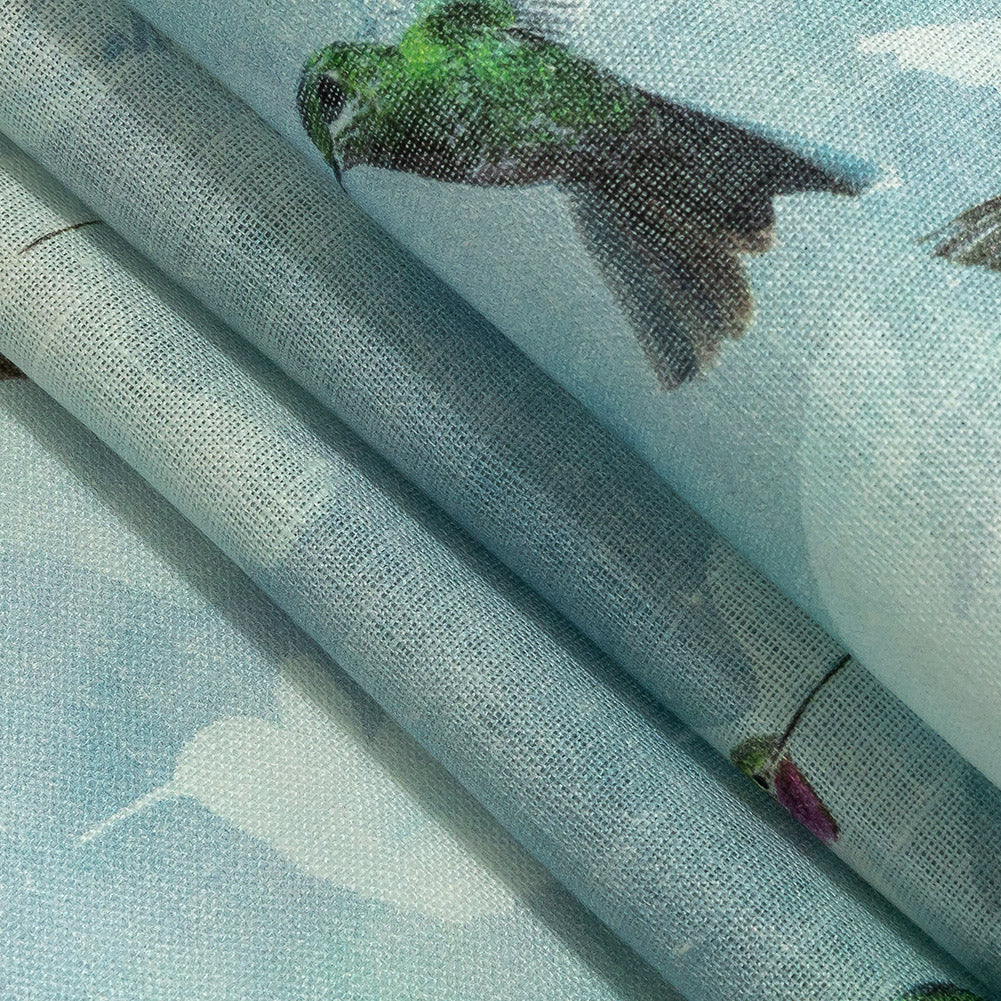 Humming Birds Printed Blue Linen Woven Folded