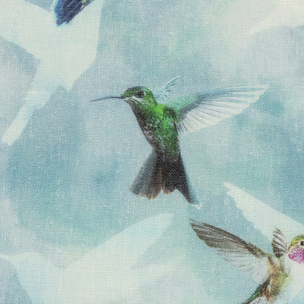 Humming Birds Printed Blue Linen Woven Detail