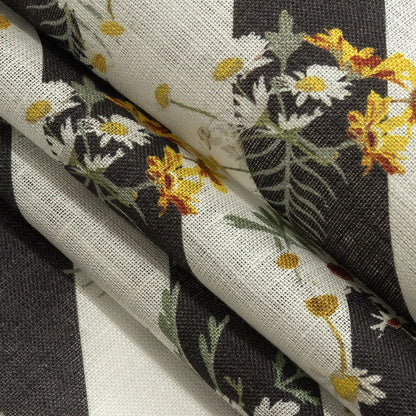 Floating Daisies over Black and White Regimental Stripes Printed Linen Woven Folded