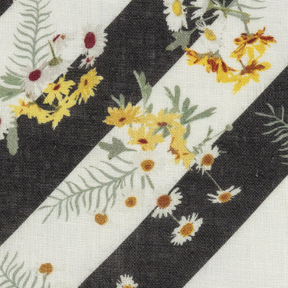 Floating Daisies over Black and White Regimental Stripes Printed Linen Woven Detail