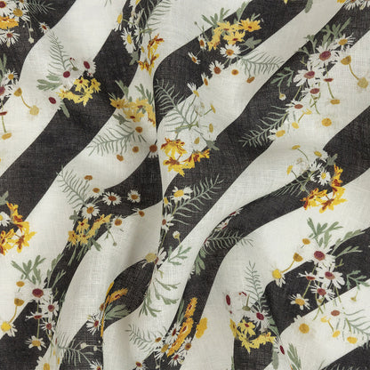 Floating Daisies over Black and White Regimental Stripes Printed Linen Woven