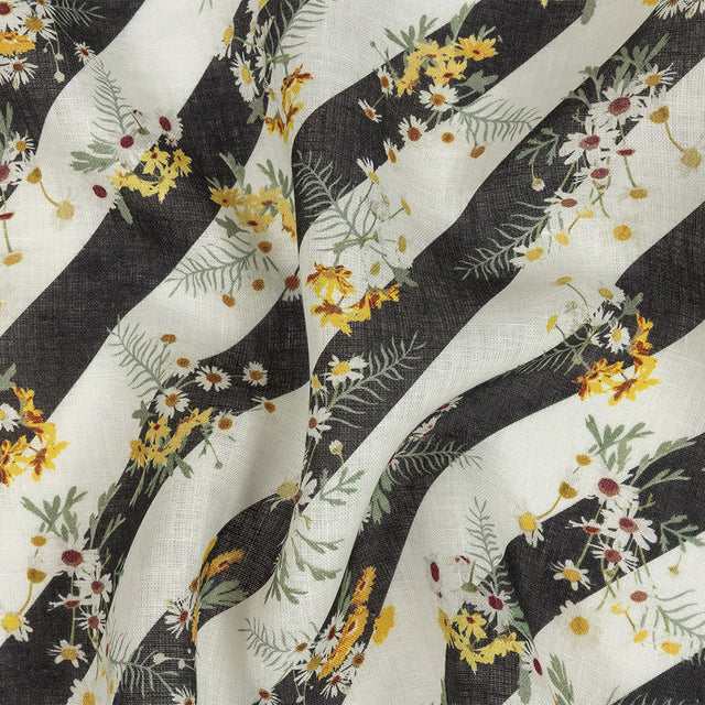 Floating Daisies over Black and White Regimental Stripes Printed Linen Woven