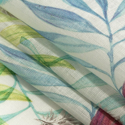 Multicolor Peacock Feathers and Aqua Ferns Printed Linen Woven Folded