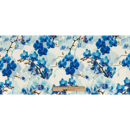Tilted Blue Orchids and Lily White Printed Stretch Linen and Rayon Woven Folded