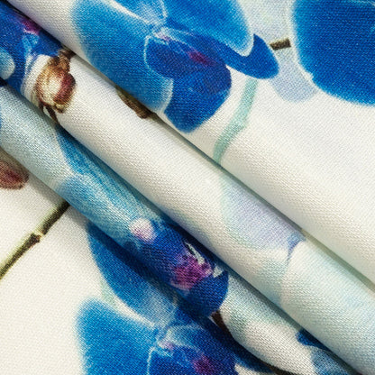 Tilted Blue Orchids and Lily White Printed Stretch Linen and Rayon Woven Detail