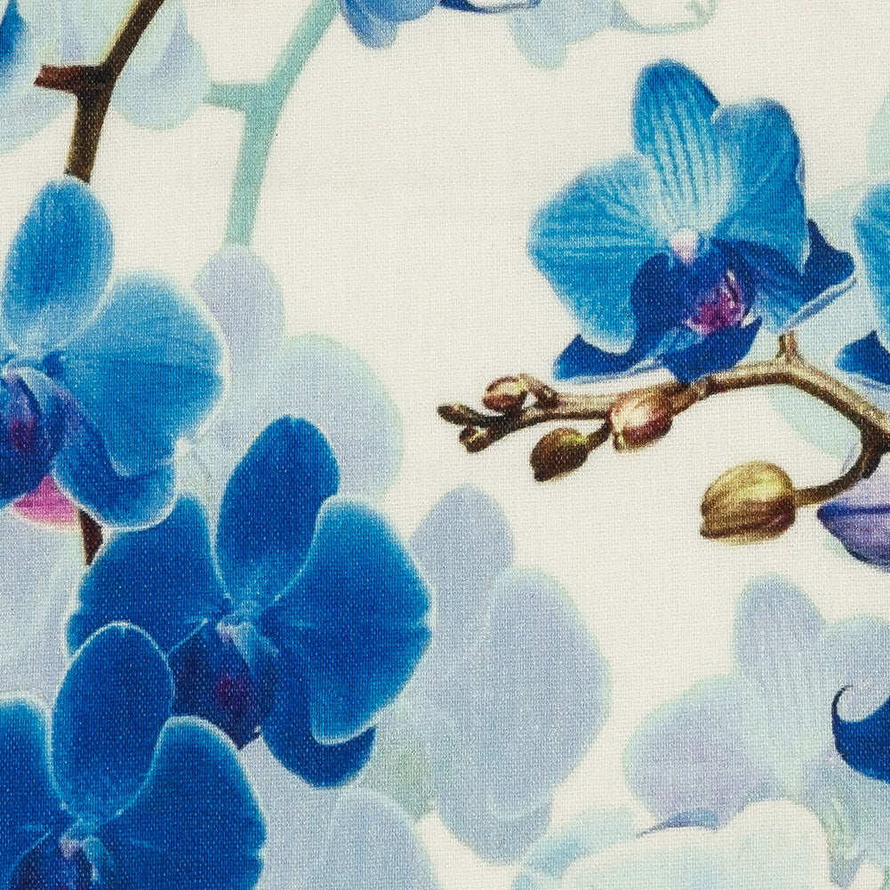 blue orchids and white lilies Tilted Blue Orchids and Lily White Printed Stretch Linen and Rayon Wov