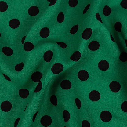 Emerald and Black Polkadots Linen Woven