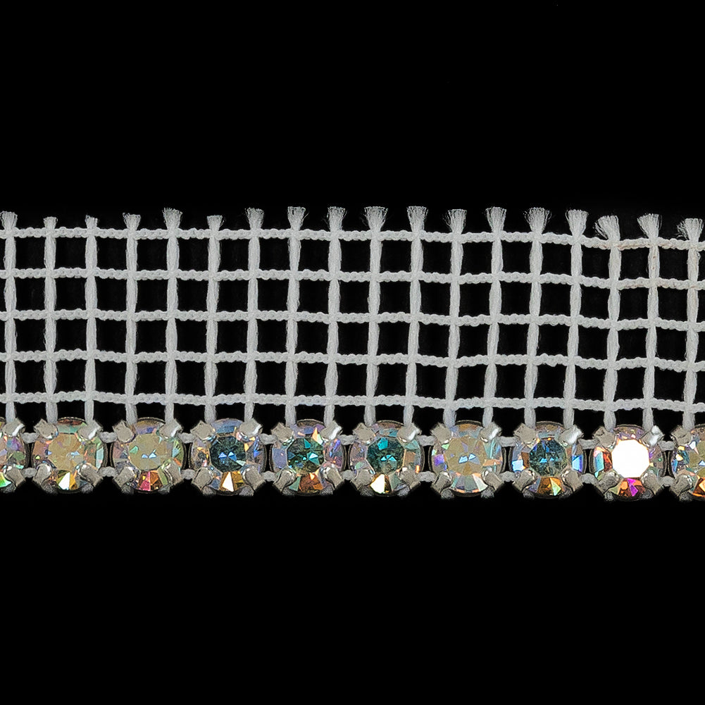Vintage AB Crystal and Silver 1 Row Circular Rhinestones on White Mesh Trimming - 0.625" Detail