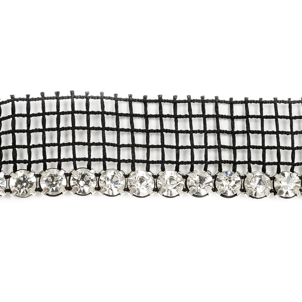 Vintage Crystal and Silver 1 Row Circular Rhinestones on Black Mesh Trimming - 0.625" Detail