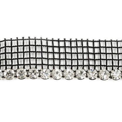 Vintage Crystal and Silver 1 Row Circular Rhinestones on Black Mesh Trimming - 0.625" Detail