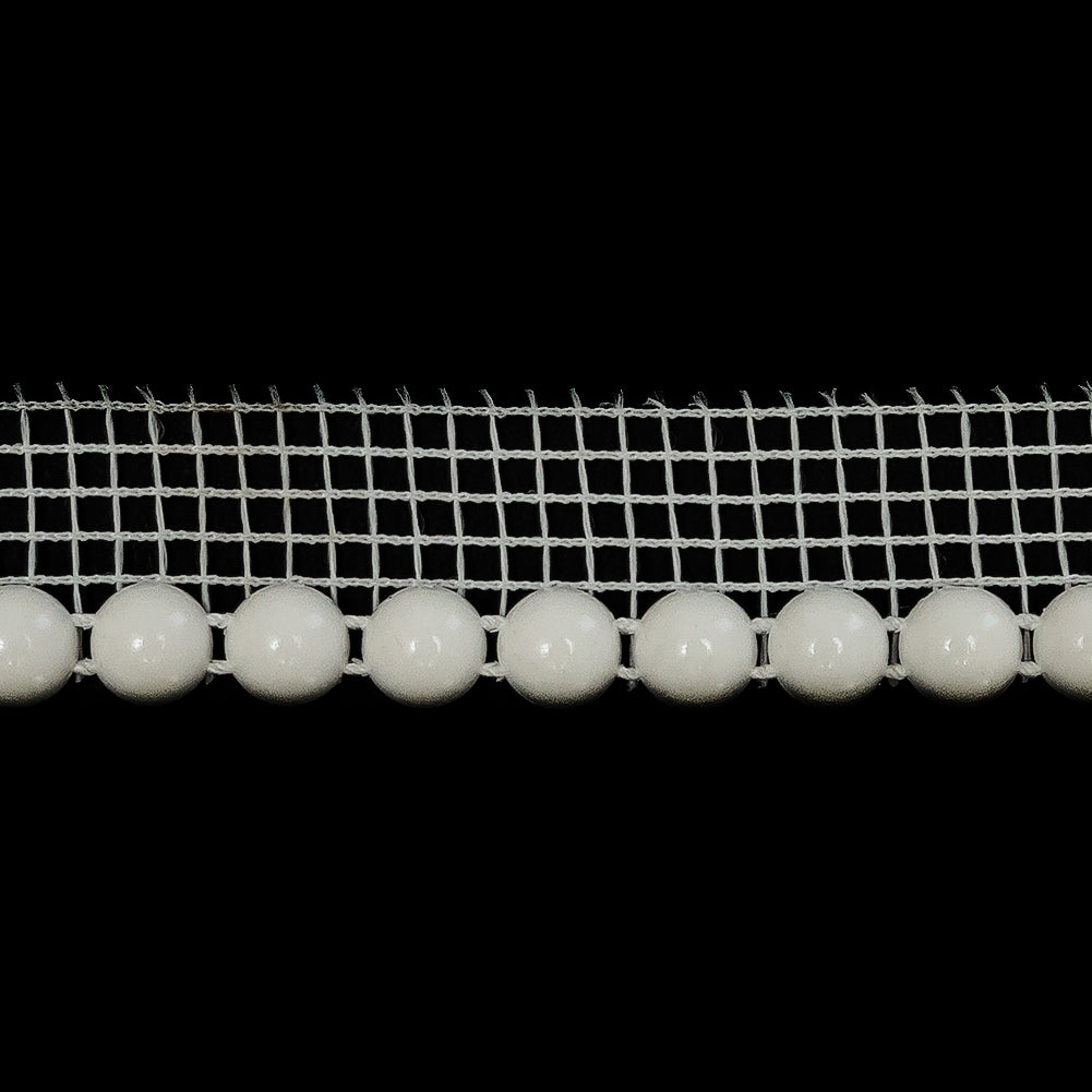 Vintage White Circular Beaded Trimming with White Mesh Lip - 0.5" Detail