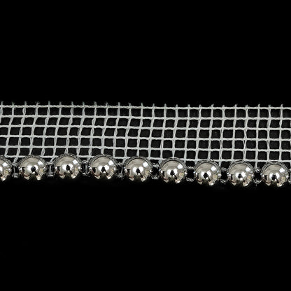 Vintage Silver Circular Beaded Trimming with White Mesh Lip - 0.5" Detail