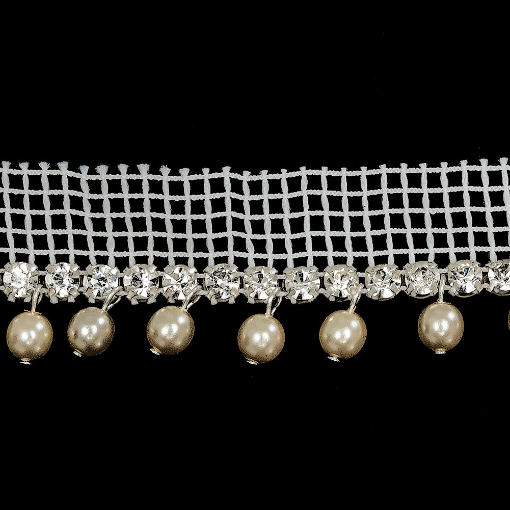 Vintage Crystal and Silver 1 Row Circular Rhinestone Trimming on White Mesh with Faux Pearl Fringe - 1" Detail