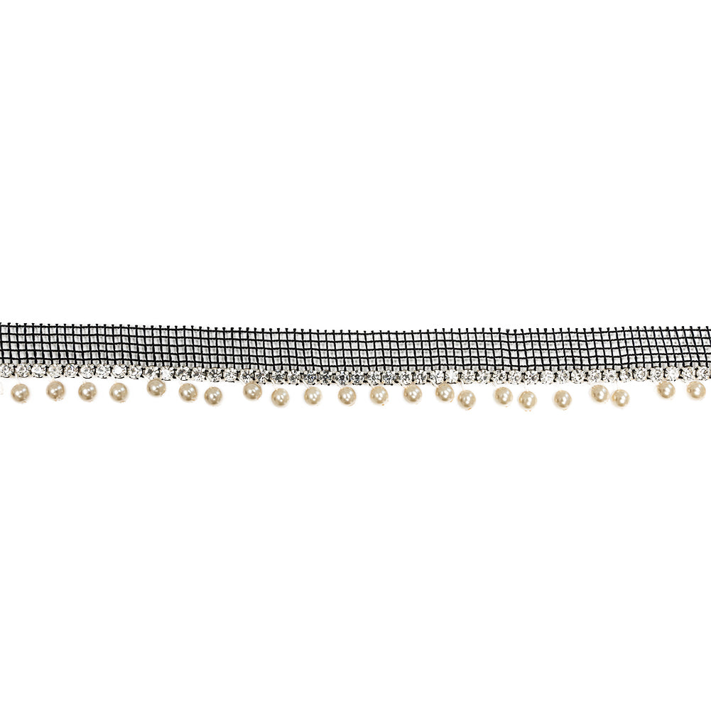 Vintage Crystal and Silver 1 Row Circular Rhinestone Trimming on Black Mesh with Faux Pearl Fringe - 1"