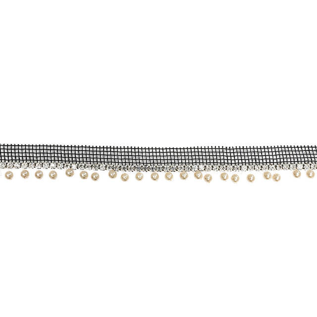 Vintage Crystal and Silver 1 Row Circular Rhinestone Trimming on Black Mesh with Faux Pearl Fringe - 1"