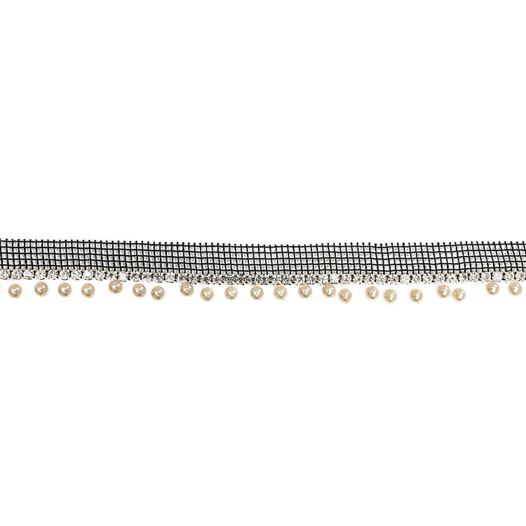 template--26688905969737__main-Vintage Crystal and Silver 1 Row Circular Rhinestone Trimming on Black Mesh with Faux Pearl Fringe - 1"