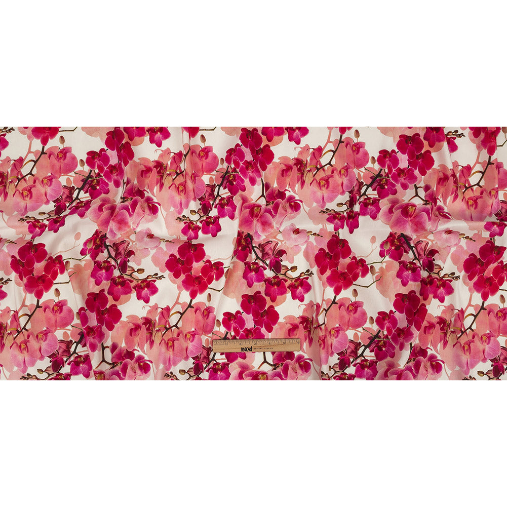 Tilted Pink Orchids and Lily White Printed Stretch Linen and Rayon Woven Folded