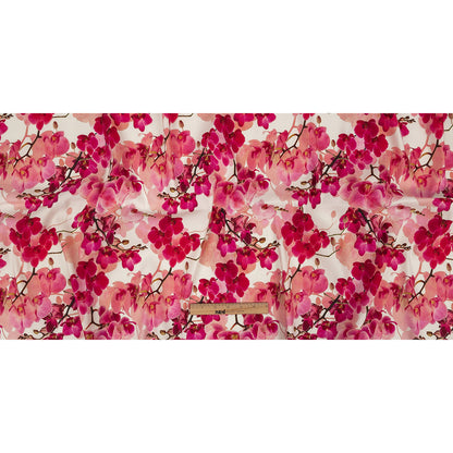 Tilted Pink Orchids and Lily White Printed Stretch Linen and Rayon Woven Folded