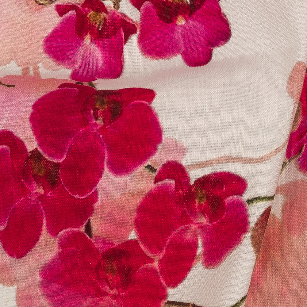 Tilted Pink Orchids and Lily White Printed Stretch Linen and Rayon Woven Full