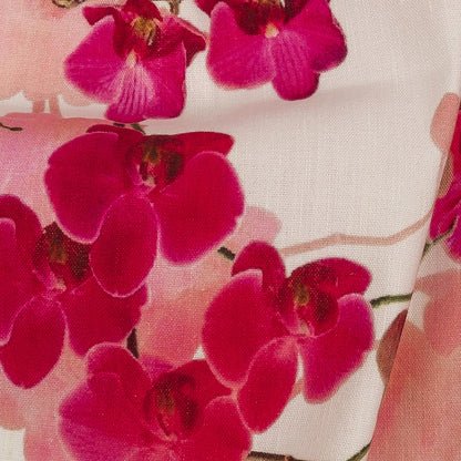 Tilted Pink Orchids and Lily White Printed Stretch Linen and Rayon Woven Full
