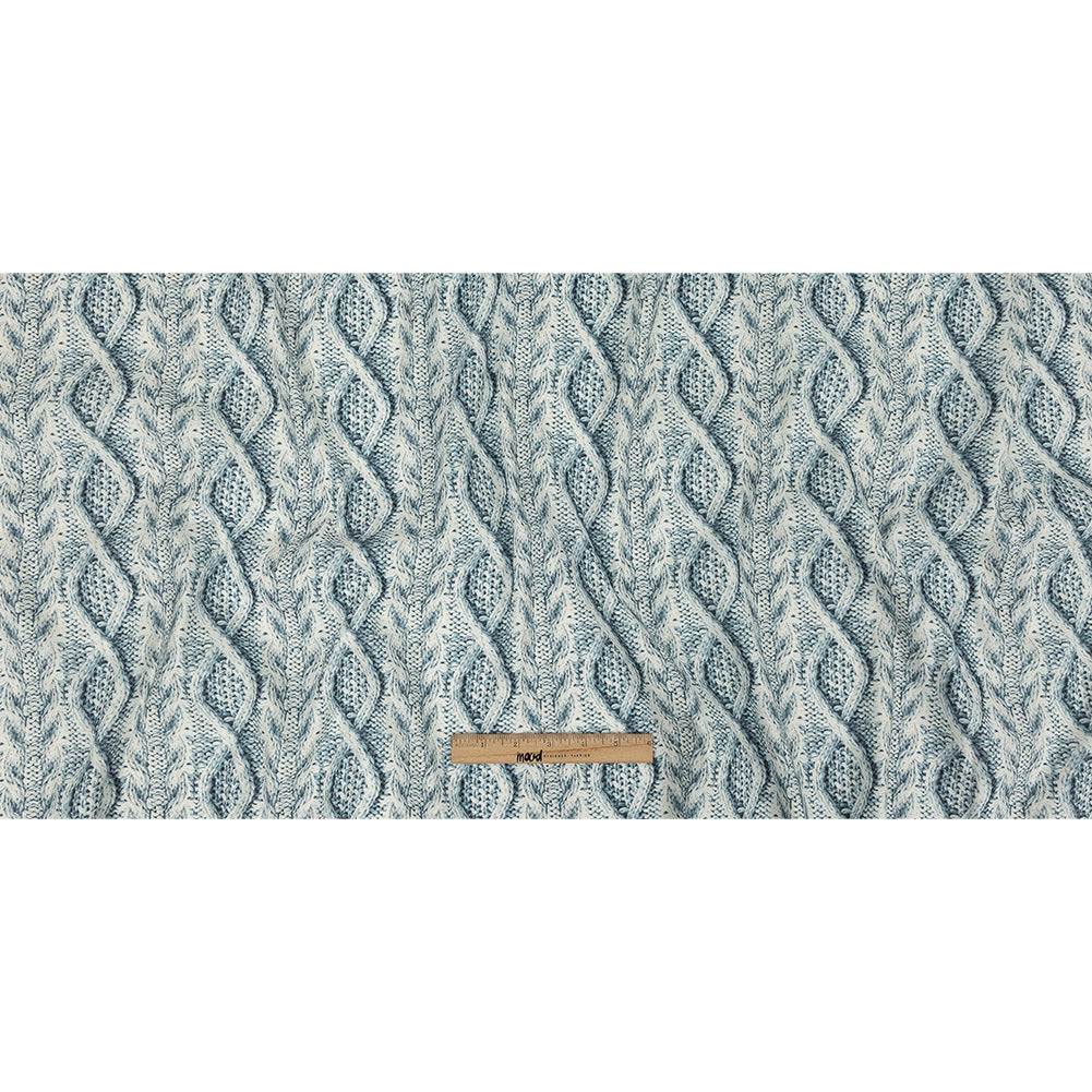 Blue Haze and Flint Stone Cable Knit Printed Stretch Linen and Rayon Woven Folded