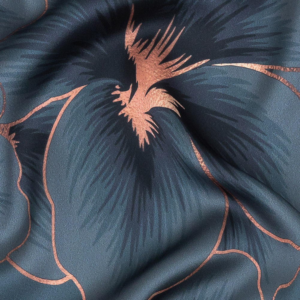 Mood Exclusive Stormy Weather and Copper Hibiscus Hex Polyester Stretch Satin Detail