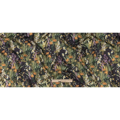 Viscose and Linen Twill Print - Muted Black and Green Flowers and Grass - Mood Exclusive Prairie Spring Folded