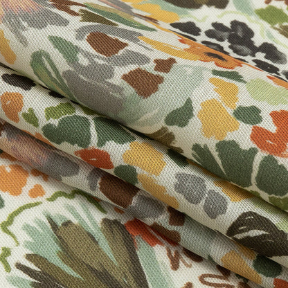 Viscose and Linen Twill Print - Orange and Olive Green Painterly Floral - Mood Exclusive Morisot Detail