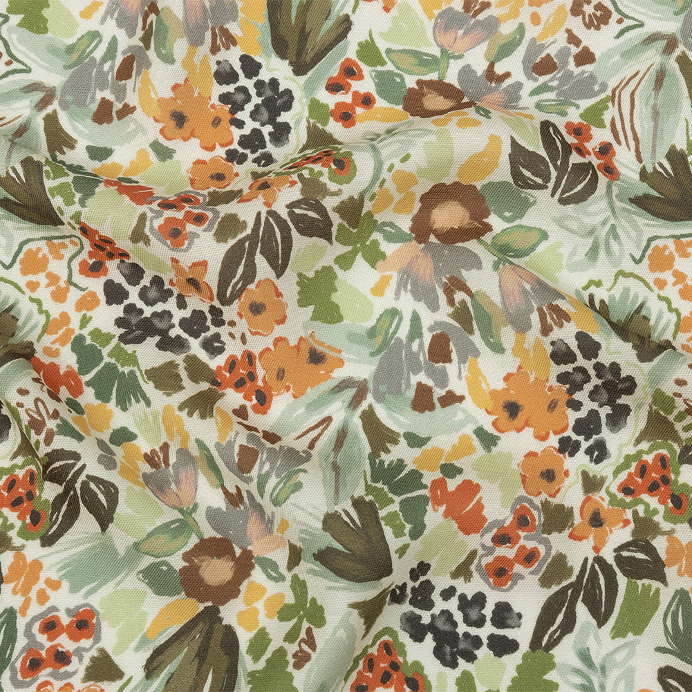 Viscose and Linen Twill Print - Orange and Olive Green Painterly Floral - Mood Exclusive Morisot