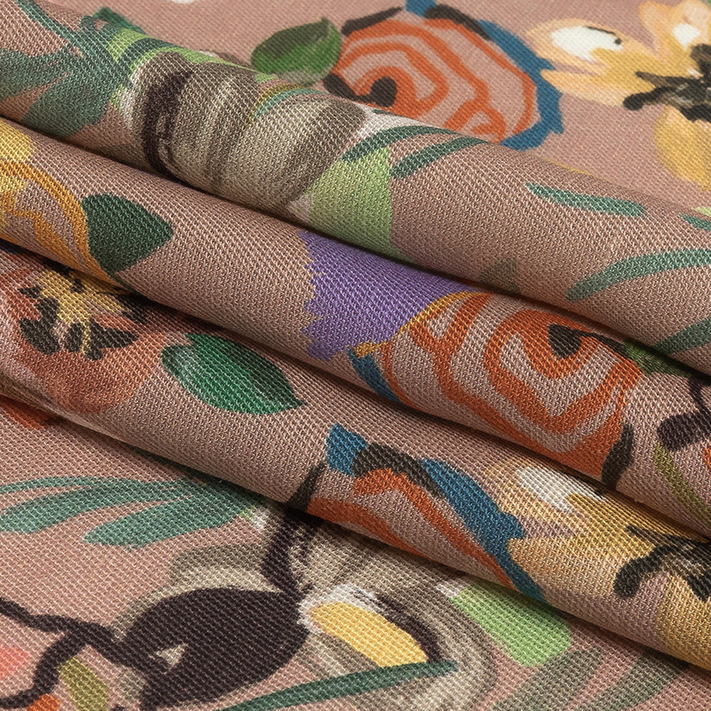 Viscose and Linen Twill Print - Dark Peach and Rainbow Floral - Mood Exclusive Wallflower Whimsy Folded