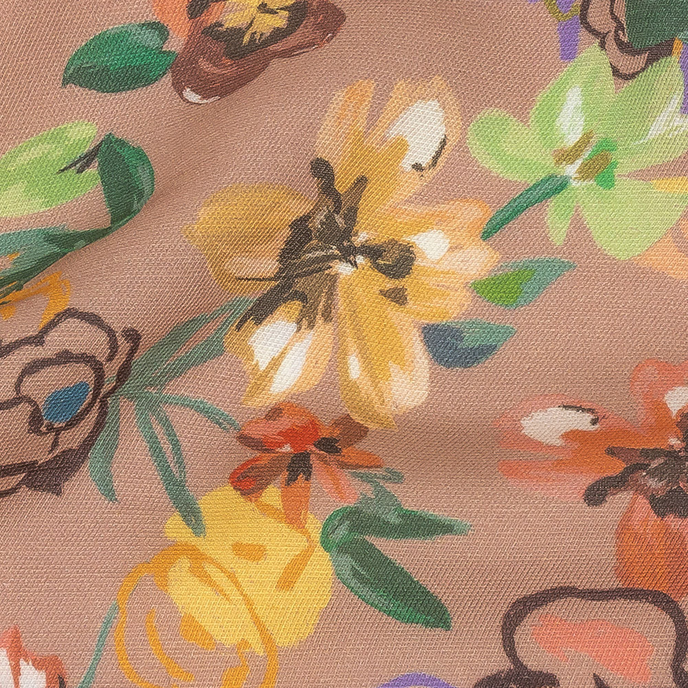 Viscose and Linen Twill Print - Dark Peach and Rainbow Floral - Mood Exclusive Wallflower Whimsy Detail