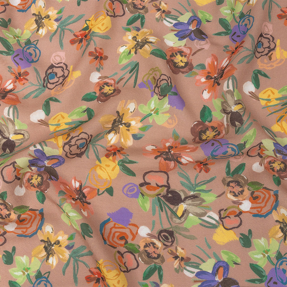 Viscose and Linen Twill Print - Dark Peach and Rainbow Floral - Mood Exclusive Wallflower Whimsy