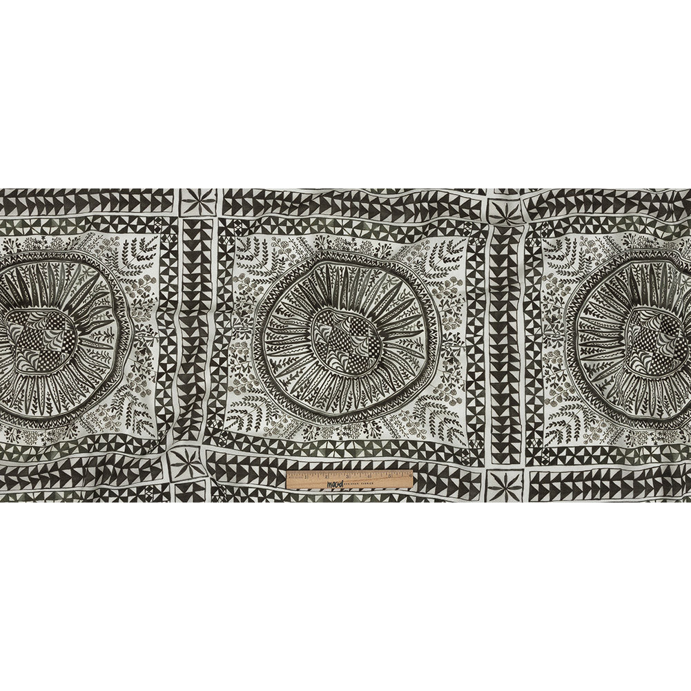 Lightweight Viscose-Linen Woven Print - Black and White Medallion and Geometric Squares - Mood Exclusive Large Heliocentric Folded