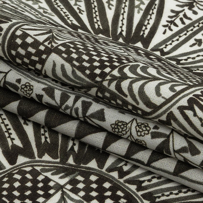 Lightweight Viscose-Linen Woven Print - Black and White Medallion and Geometric Squares - Mood Exclusive Large Heliocentric Detail