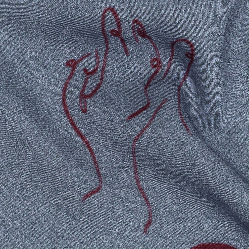 Leafy Viscose Jacquard Print - Blue and Wine Red Doodled Objects - Mood Exclusive Hand It Over Detail