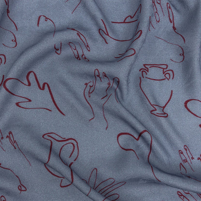 Leafy Viscose Jacquard Print - Blue and Wine Red Doodled Objects - Mood Exclusive Hand It Over
