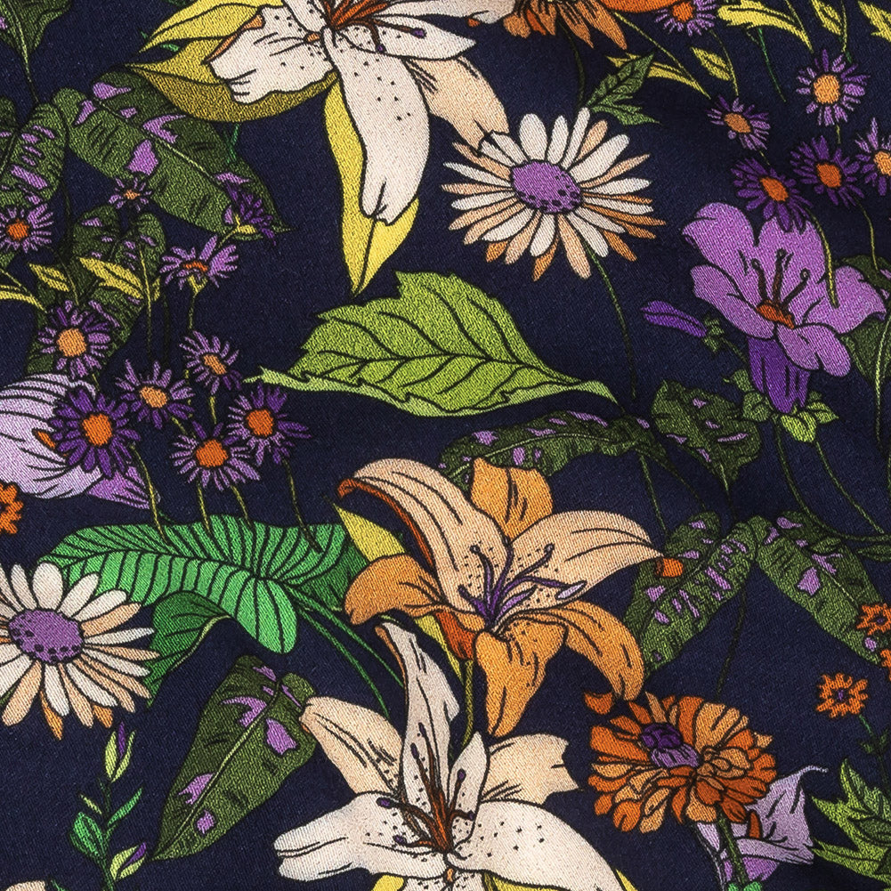 Rayon Batiste Print - Navy, Orange and Green Floral - Mood Exclusive Navy Lifeline Lilies Detail