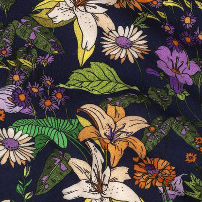 Rayon Batiste Print - Navy, Orange and Green Floral - Mood Exclusive Navy Lifeline Lilies Detail