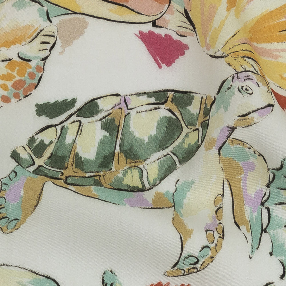Rayon Batiste Print - White, Orange and Green Aquatic Animals - Mood Exclusive Under the Sea Detail