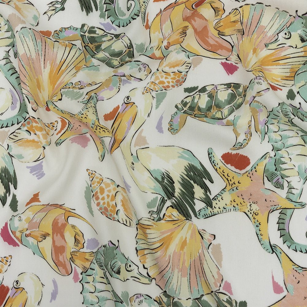 Rayon Batiste Print - White, Orange and Green Aquatic Animals - Mood Exclusive Under the Sea