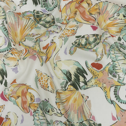 Rayon Batiste Print - White, Orange and Green Aquatic Animals - Mood Exclusive Under the Sea