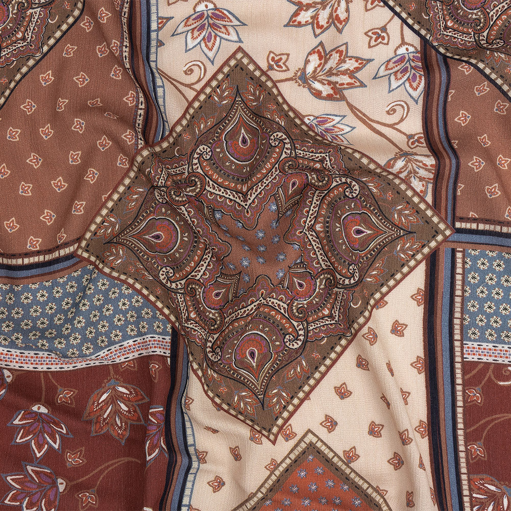 Gauzy Wrinkled Rayon Woven Print - Rust Paisley Patchwork - Mood Exclu