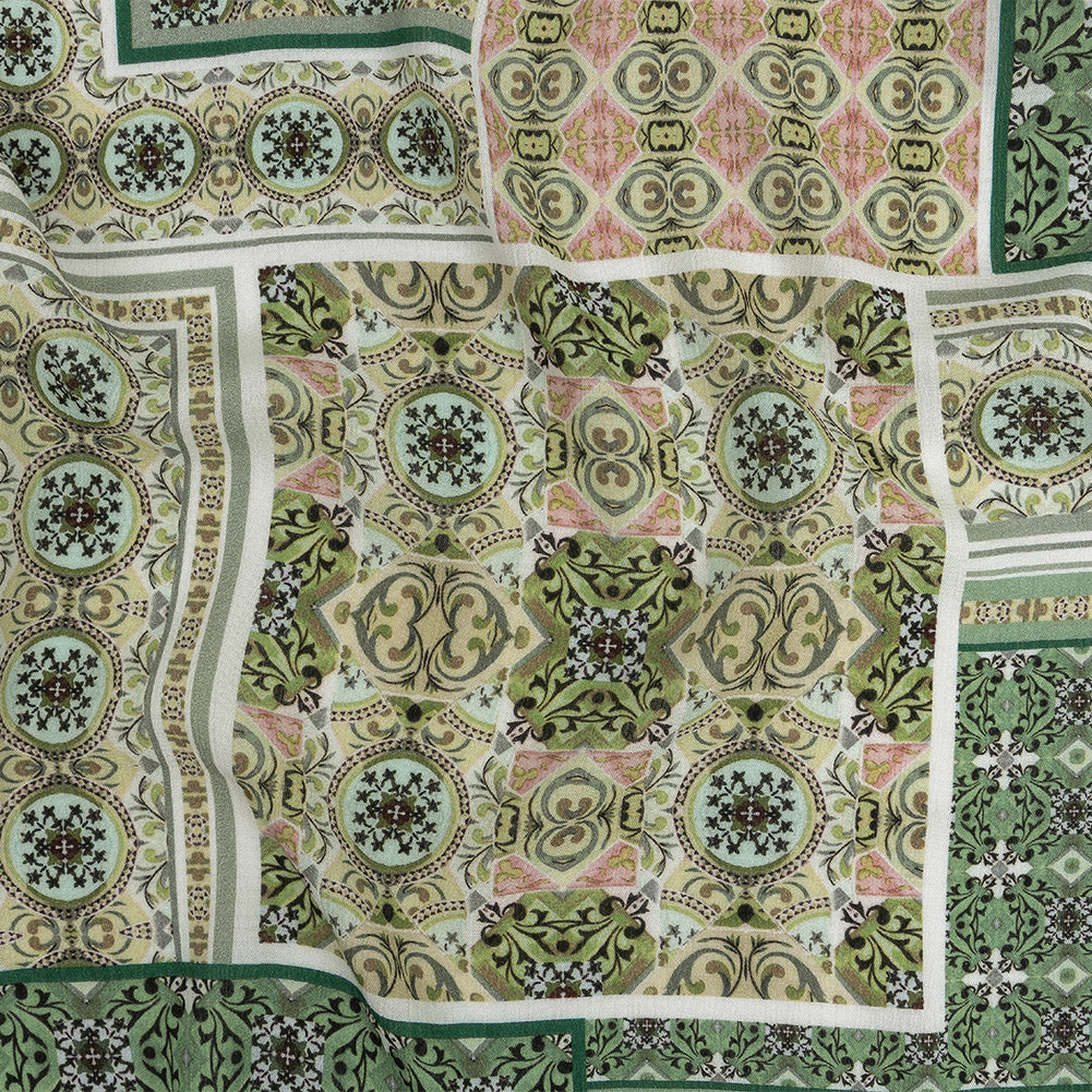 Gauzy Wrinkled Rayon Woven Print - Soft Green Ornate Patchwork - Mood Exclusive Arabesco